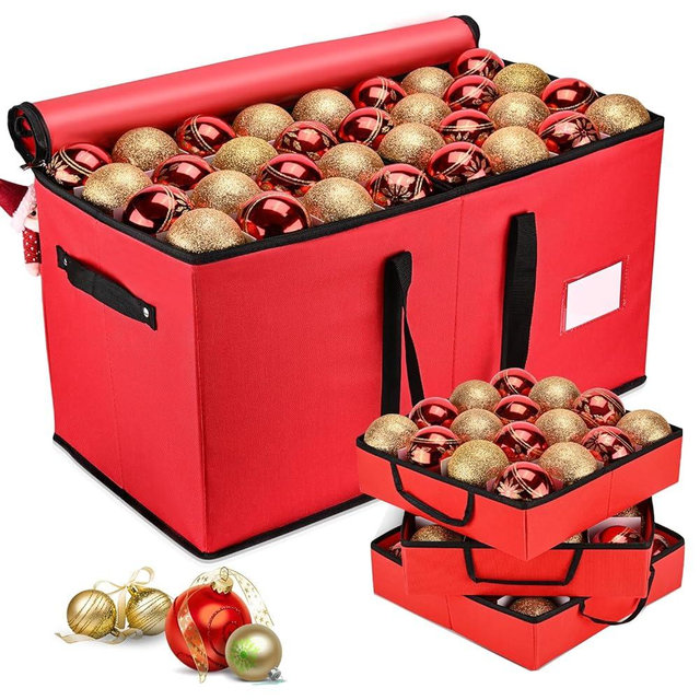 Mrrihand Christmas Ornament Storage Box, Ornament Storage Container with 8 Trays-Xmas Decoration Organizer Keeps 128 Holiday Ornaments 3-Inch, Dual Zipper Closure, 600D Tear-Proof（Red）