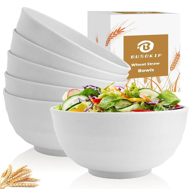 BUSOKIP 60 OZ Wheat Straw Bowls, Large Popcorn Bowl Sets of 6, Unbreakable Large Serving Bowls for Kitchen, Microwave and Dishwasher Safe Big bowl for Eating, Soup, Ramen, Cereal- White