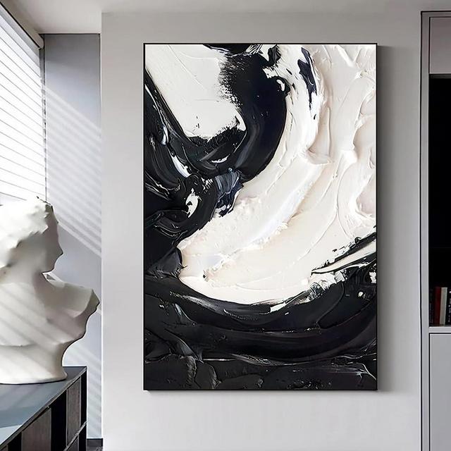 Black and White Abstract Painting White Textured Poster Modern Black and White Pictures Minimalist Textured Wall Art Abstract Black Painting for Living Room Bedroom Office Wall Decor 16x24in No Frame