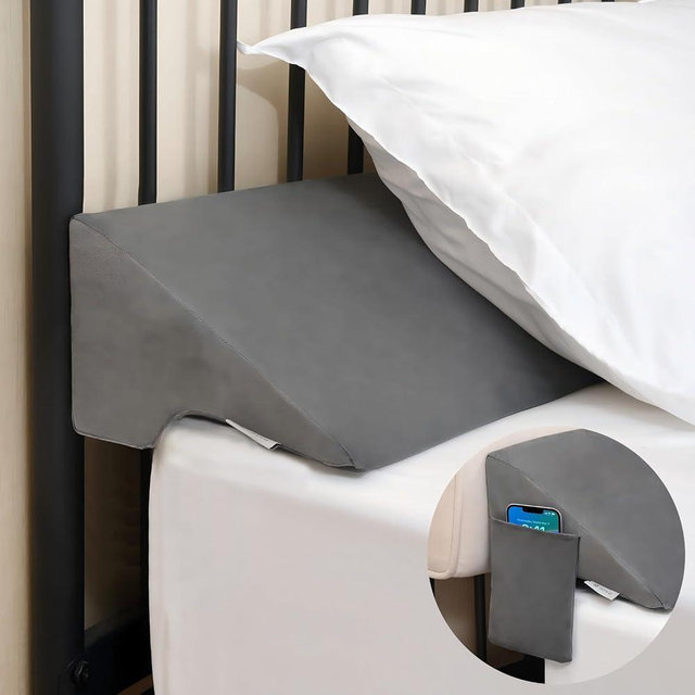 Vekkia Bed Wedge Pillow for Headboard Gap Filler (0–5.5"), Prevents Pillows & Items from Falling, High-Density Foam Mattress Gap Filler with Pockets, Removable Cover, Gray, King-76"x10"x6"