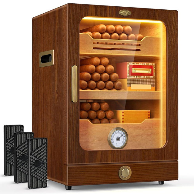 Tesonway Cigar Humidor, Desktop Cigar Humidor Cabinet Light Control System with Spanish Cedar Wood Shelves, Hygrometer, 3 Humidifiers and Cigar Accessories Drawer, Father's Day Gift for Men (Brown)