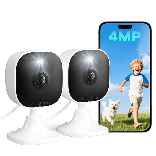 VSMAHOME 4MP Outdoor Cameras for Home Security, Outdoor Security Camera Indoor, 2.4g/5g Cameras for House/Pet/Baby, Plug and Play, Support 128G Card Storage (Not Included), Wired, 2PCS