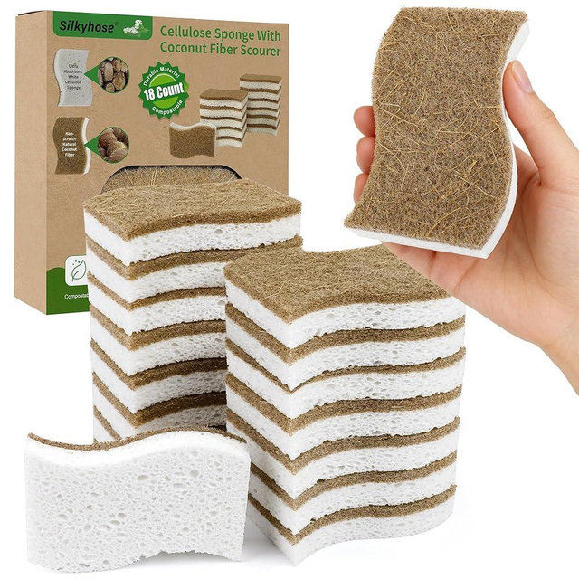 18 Pack Natural Kitchen Sponges, Biodegradable & Compostable | Non-Scratch Cellulose Coconut Fiber Sponges for Dishes, Pots & Pans | Eco-Friendly Cleaning Sponge (18)