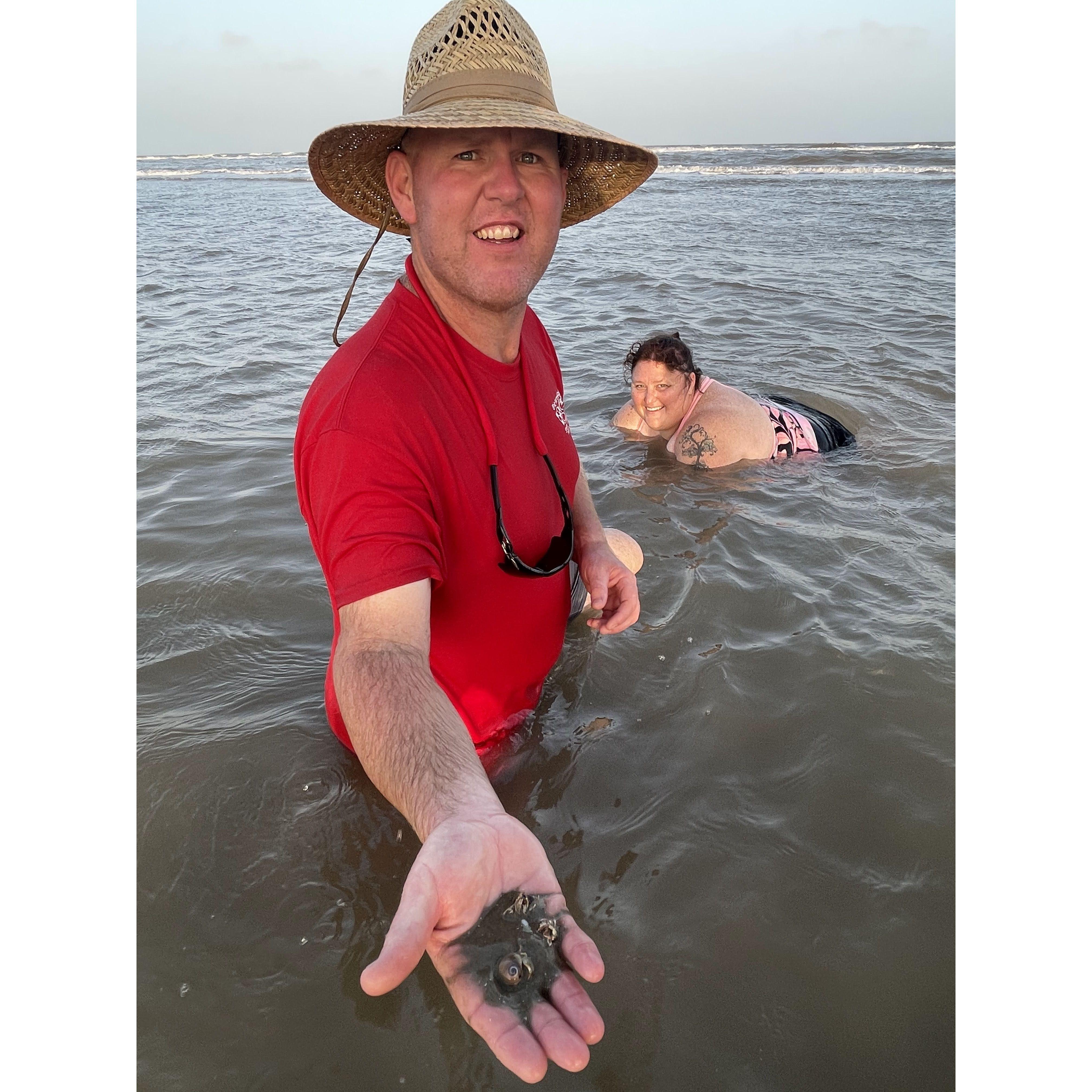 Josh's first time at the beach.......watch out for those "baby sharks"!