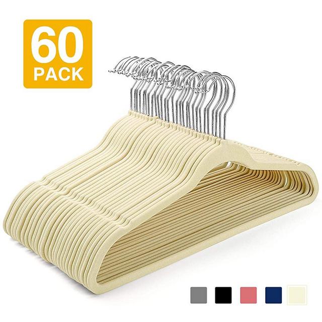 HOUSE DAY Velvet Hangers -60 Pack- Non Slip Flocked Hangers Velvet Suit Hangers Space Saving Clothes Hanger Beige Velvet Hanger Heavy Duty Adult Hanger for Coat, Suit