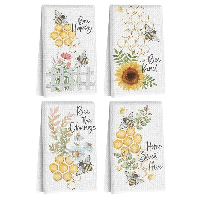 Blue Leaves 4 Pcs Funny Honey Bee Decor Dish Towels for Kitchen, Kitchen Towels, Dish Cloths for Washing Dishes, Tea Towel, Absorbent Soft Microfiber Towel for Farmhouse Home, Bee Gifts for Women Mom