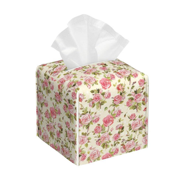 Tissue Box Cover Square,Watercolor Pink Roses Tissue Box Holder Waterproof Leather Facial Paper Case Modern Home Decoration for Bedroom Dresser Night Stand Office Desk