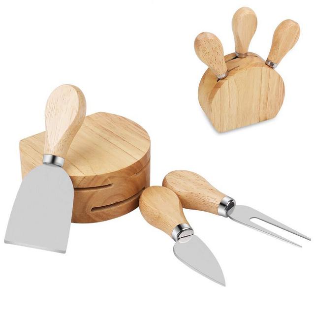 Freehawk 3-Piece Cheese Knife Set with Wood Stand, Stainless Steel Cheese Slicer, Cheese Knife Shaver, Spreader and Fork with Wooden Handle