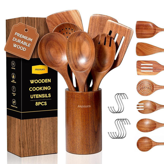 Mooues Wooden Spoons for Cooking, Wooden Utensils for Cooking Natural Teak Wooden Kitchen Utensils Set Comfort Grip (8 PCS SET)