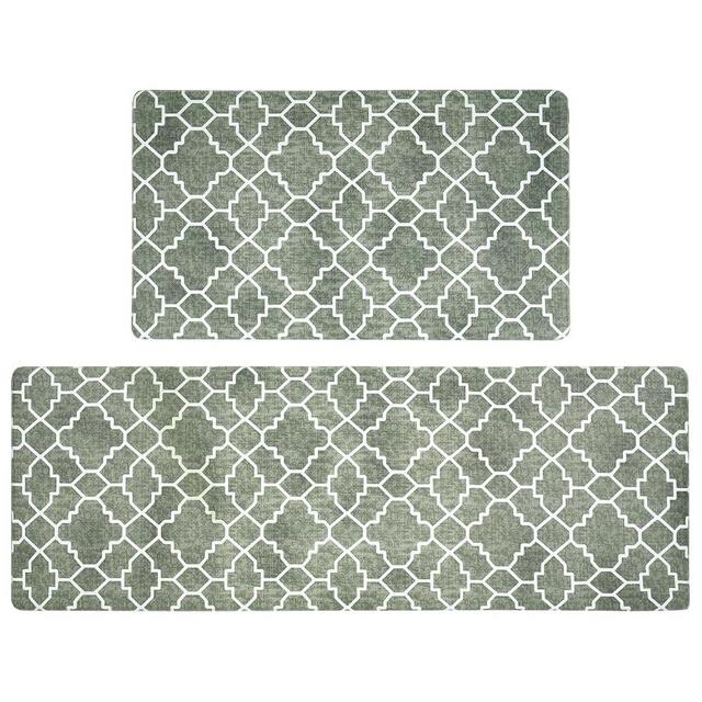 FRESHMINT Kitchen Mat Set of 2, Anti-Fatigue Cushioned Kitchen Mats for Floor, Waterproof Non Slip Comfort Standing Mat, Boho Kitchen Rug for Kitchen Decor, Sink, Office, 17"x30"+17"x47", Sage Green