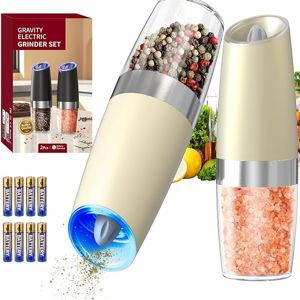 CIRCLE JOY Gravity Electric Salt and Pepper Grinder Set Automatic Salt and Pepper Grinder Set with LED Light, Battery Operated, Adjustable Coarseness, Large Capacity, for Home Kitchen BBQ, Beige