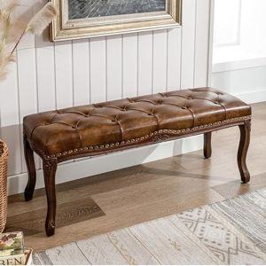 Bedroom Bench, French Vintage Tufted Leather Bench, 45.2" Carving Upholstered End of Bed Bench with Distressed Wood Legs, Faux Leather Ottoman Bench for Living Room, Dining Room, Brown