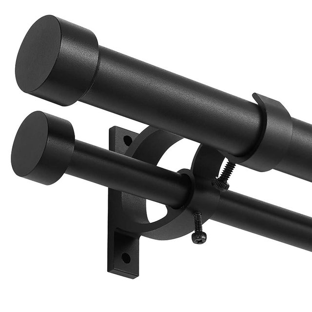 Lwiiom Matte Black Double Curtain Rods 72 to 144 Inches (6-12 Feet),1-Inches Front and 5/8 Inches Back Adjustable End Cap Double Window Drapery Rod for Drapes and Curtains