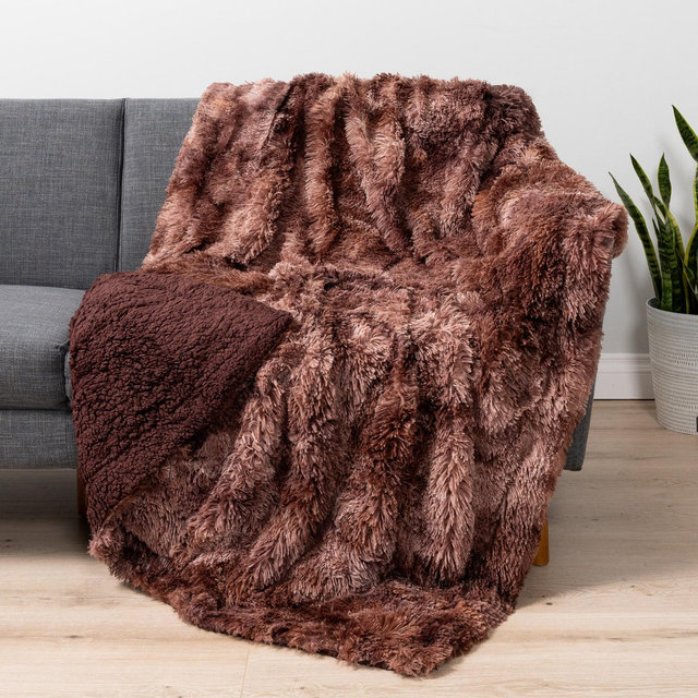 PAVILIA Fluffy Faux Fur Reversible Throw Blanket for Bed, Sofa, and Couch, Tie-Dye Brown/Twin - 60x80
