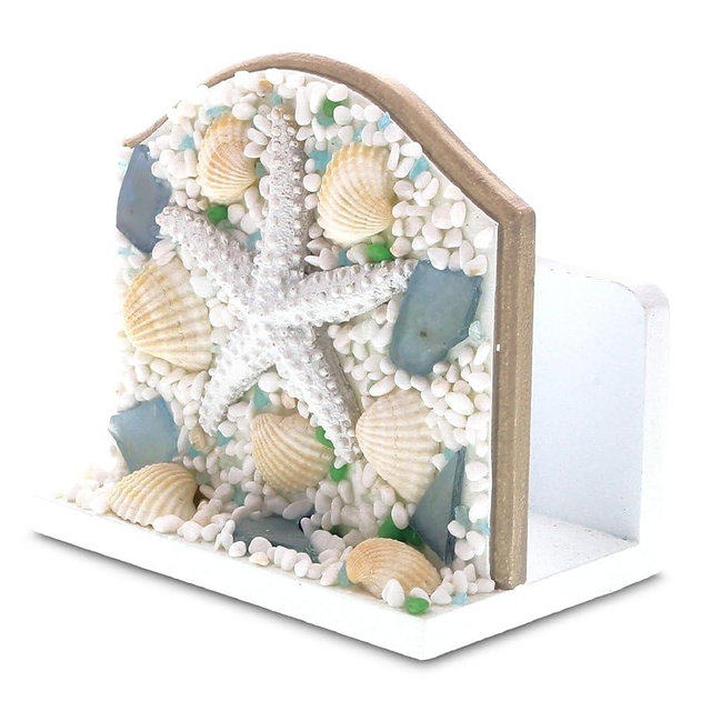 CoTa Global Nautical Napkin Holder with Oceanic Seashell and Starfish Decor - Handcrafted Tabletop Display Tissue Holder, Unique Ocean Themed Decor for Bathroom or Kitchen Accessories - Color May Vary