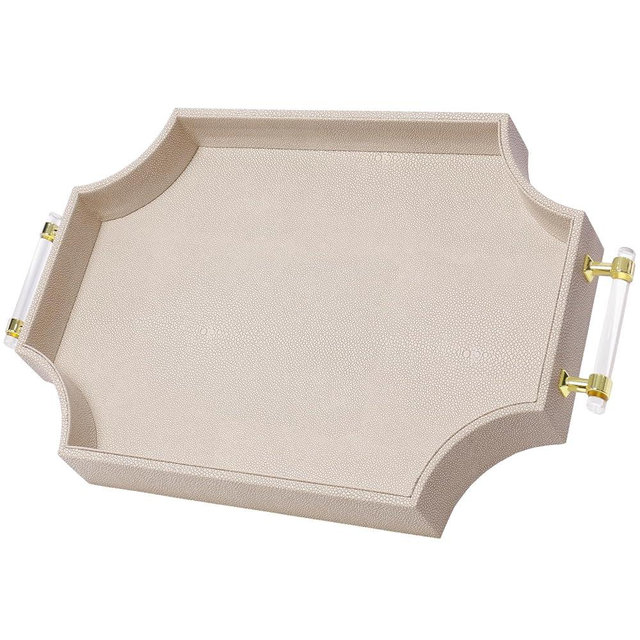 22.6'' × 13'' Coffee Table Tray Shagreen Decorative Tray for Ottoman Home Decor Serving Tray with Acrylic Gold Handles Modern Elegant Scalloped Large Ottoman Tray