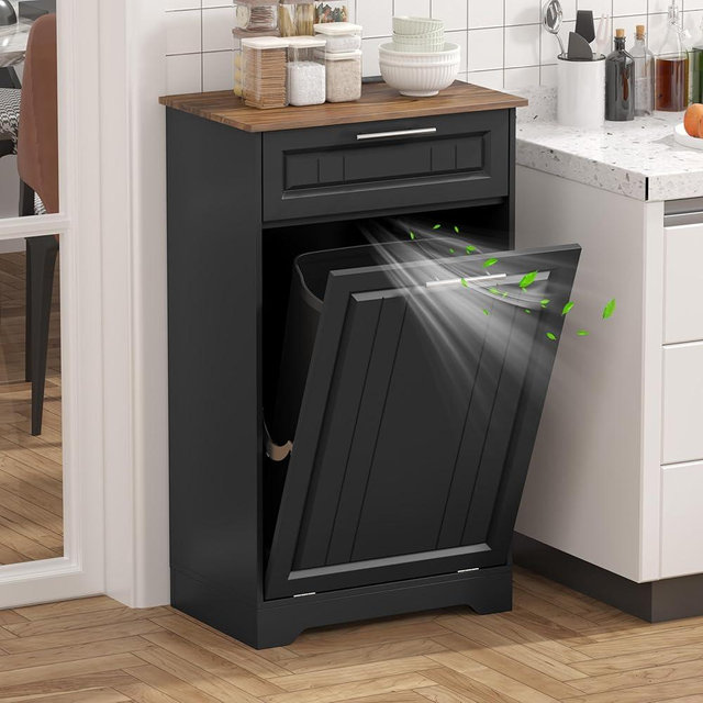 Single 10 Gallon Tilt Out Trash Can Cabinet with Deodorizing Function, Wooden Hidden Garbage Can Holder with Storage Drawers for Kitchen and Dining Room, Laundry Hamper Cabinet for Bathroom, Black
