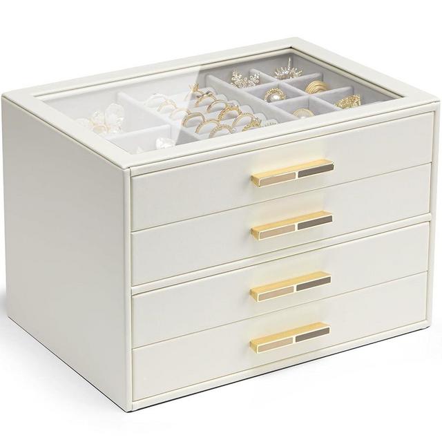 Vlando 4 Layer Jewelry Box for Women, Glass Lid Jewelry Organizer with 4 Drawers for Necklaces Rings Earrings Bracelets - White