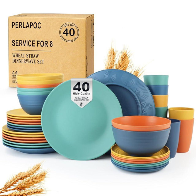 Perlapoc Wheat Straw Dinnerware Set 40 PCS - Service for 8 | Plates, Bowls Set | Unbreakable Dishes - Dinner, Dessert Plates, Cereal Bowls, Drinking Glasses, Dishwasher Safe - Multi
