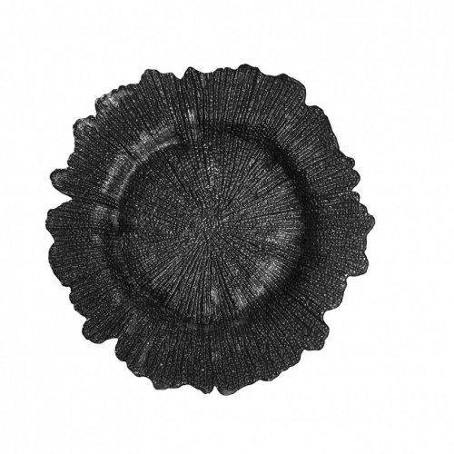 Koyal Wholesale Bulk Flora Glass Charger Plates Starburst Charger Plates, Reef Charger Plates, Black, Set of 4