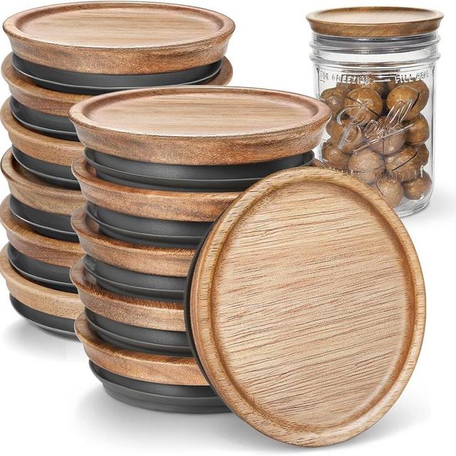 6 Regular Mouth and 6 Wide Mouth Wooden Mason Jar Lids for Ball/Mason Jars, Reusable Acacia Wood Mason Jar Lids with Airtight Silicone Seal Perfect for Dry Food Storage (6PCS-Regular + 6PCS-Wide)