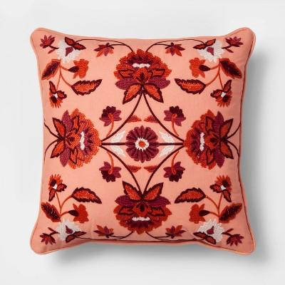 Embroidered Floral Medallion Square Throw Pillow Red - Threshold™