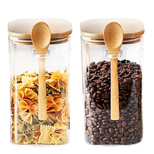 Glass Jars,1400ml/47oz Glass Kitchen Canisters Set of 2 with Airtight Bamboo Lid and Spoon,Glass Food Storage Containers for Coffee Beans, Flour, Sugar, Cookie,Pasta,Tea Leaf and More