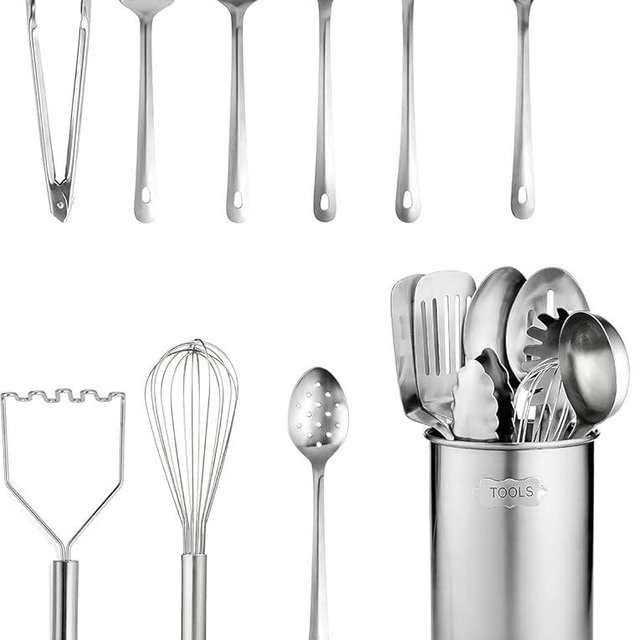 Stainless-Steel Kitchen Utensil Set - 10-Piece Premium Nonstick & Heat Resistant Gadgets, Turner, Spaghetti Server, Ladle, Serving Spoons, Whisk, Tongs, Potato Masher & Utensil Holder