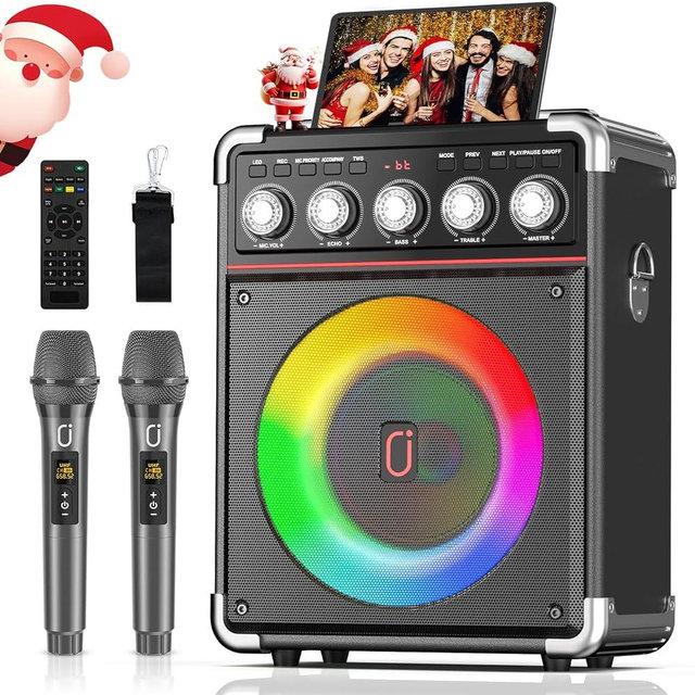 PPMIC Karaoke Machine for Adults Kids, Portable Outdoor Bluetooth Speaker with 2 Wireless UHF Microphones Supports Remote Control, DJ Light, TF Card/USB/AUX/, TWS, Bass/Treble for Party(Black