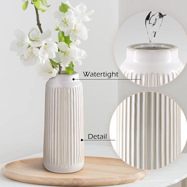 9 Inch White Ceramic Vase Decor, Flower Vase Modern, Boho Vases for Pampas Grass Home Decor, Decorative White Vases for Flowers Mantel, Living Room, Off-White