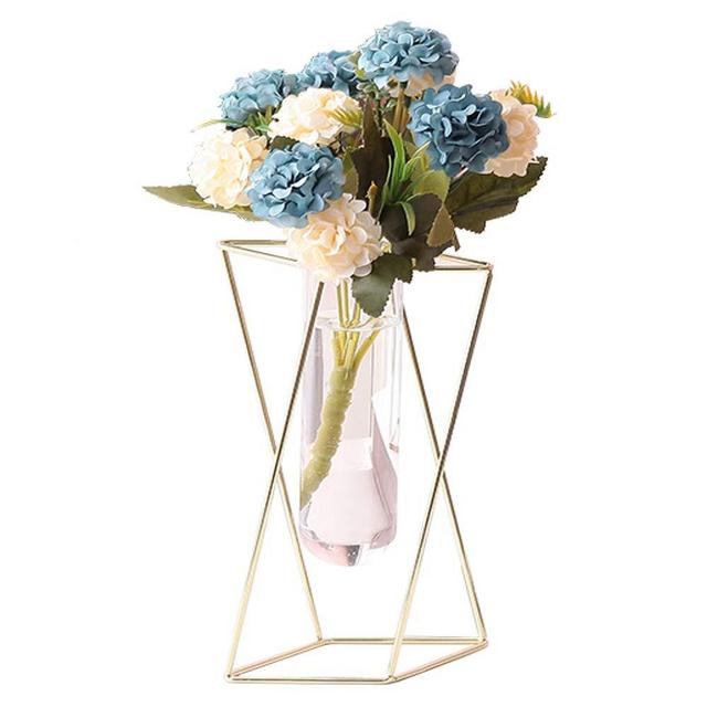 Aoderun Glass Flower Vase with Metal Stand Modern Geometry Desktop Glass Planter Indoor Hydroponics Plants for Home Office Garden Wedding Decor (Gold, L)