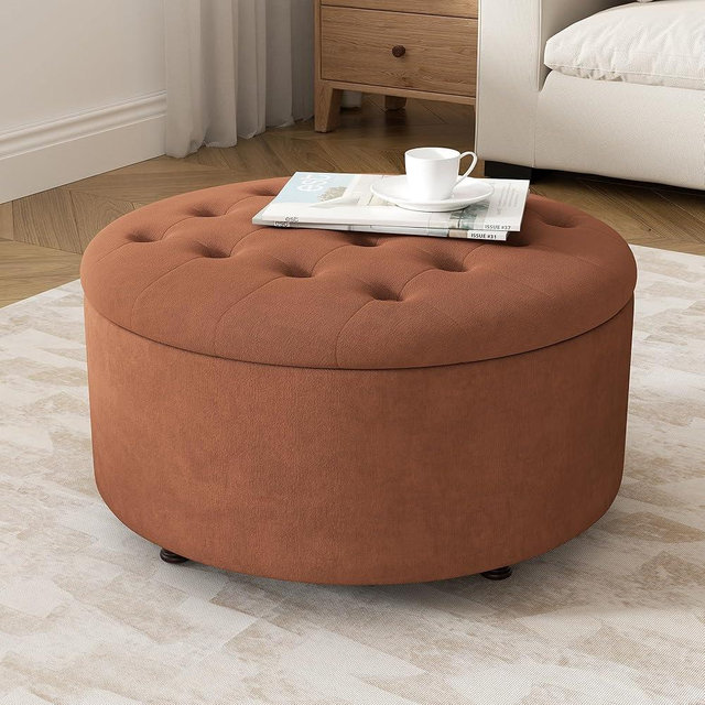 YUUIJOAA 30 Inch Round Storage Ottoman,Modern Tufted Ottomans,Upholstered Large Ottoman with Storage with Removable Top Footrest Stool for Bedroom Living Room (Orange)