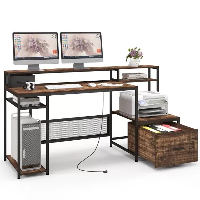 Costway 67'' Computer Desk w/ Monitor Stand Office Desk w/ File Drawer and Built-in Power Station
