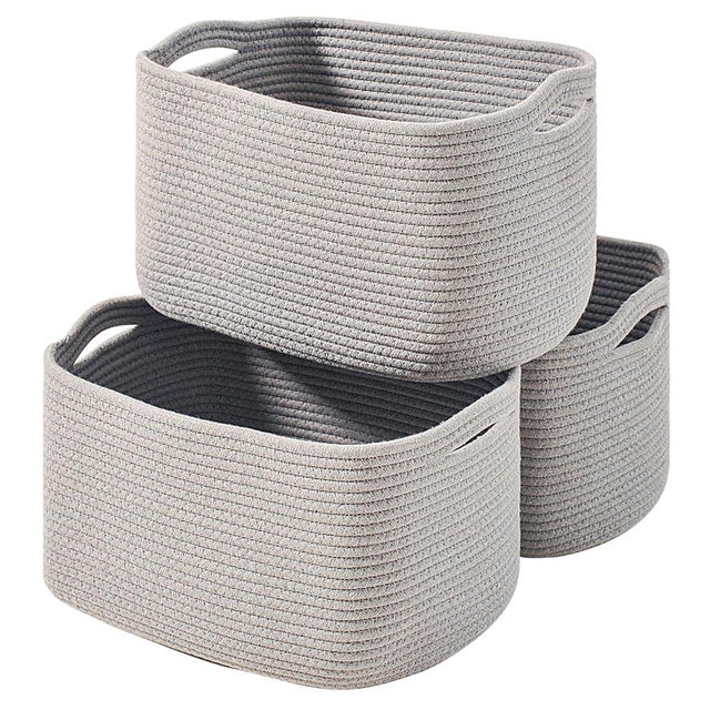 ICERZCZ Storage Baskets for Organizing Shelves, Woven Cotton Rope Bins for Baby Nursery Organization, Book Toy Towel Organizer, 15"x11"x9.5", 3 Packs, Grey