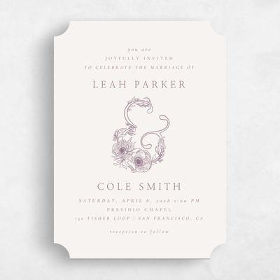 Purple Ticket Wedding Invitation - Fiora Portrait