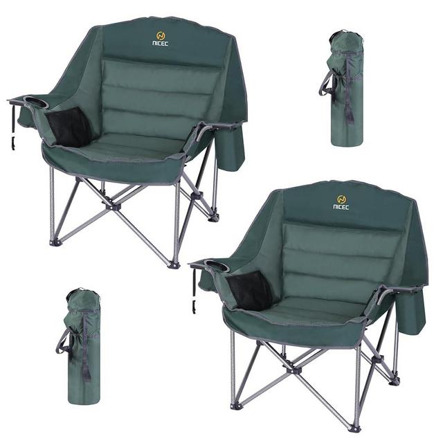 Nice C Camping Chairs, Oversized XL Padded Camping Chair, Outdoor Chair, Camp Chair, Lounge Chair, Wide&Thick, Heavy Duty 400lb, Carry Bag, Cupholder & Cooler (Two Green)