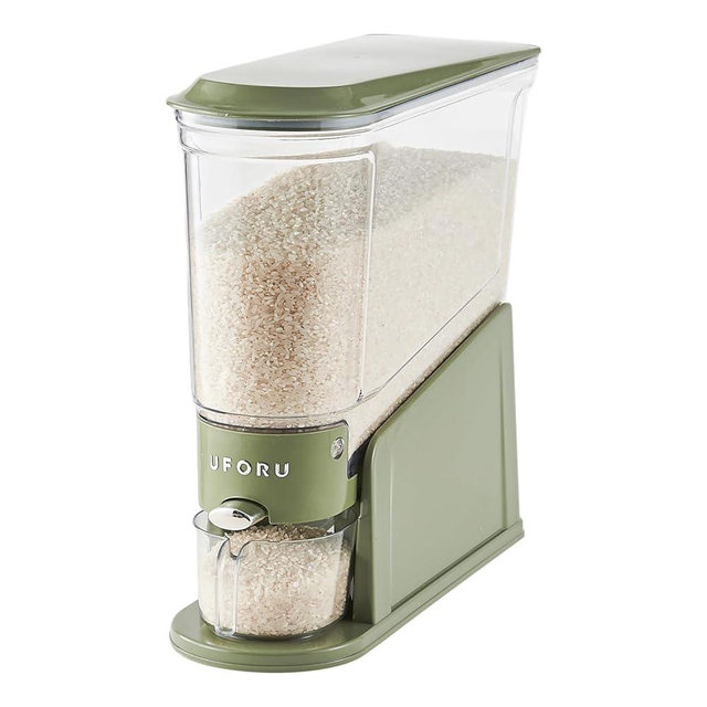 UFORU Rice Dispenser 11Lbs, Slim Rice Storage Container for Small Space, BPA-Free Clear Dry Food Dispenser Sealed Moisture Proof, Grain&Cereal Storage Bucket for Kitchen Pantry Household,Green