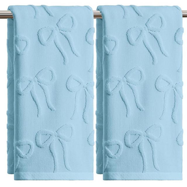 Artoid Mode 2 Pcs Light Blue 3D Bowknot Jacquard Hand Towels for Bathroom, 100% Cotton Soft Absorbent Bathroom Decor Towels, 13.7 x 29.5 Inch