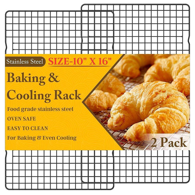 2PCS Cooling Racks for Cooking and Baking - 10" x 16"Heavy Duty Stainless Steel Wire Rack for Baking, Grilling, Roasting - Oven & Dishwasher Safe - Fits Half Sheet Pan（Black）