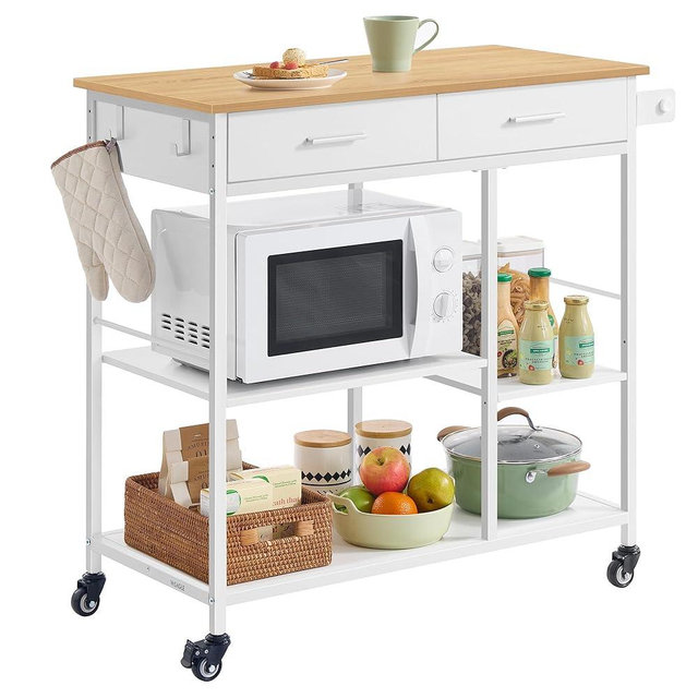 VASAGLE Kitchen Rolling Island, Mobile Kitchen Cart with Storage on Wheels, 17.7 x 38.8 x 35.4 Inches, Towel Rack, 2 Drawers, 2 Hooks, for Dining Room, Oak Beige and Matte White UKKI010Y01