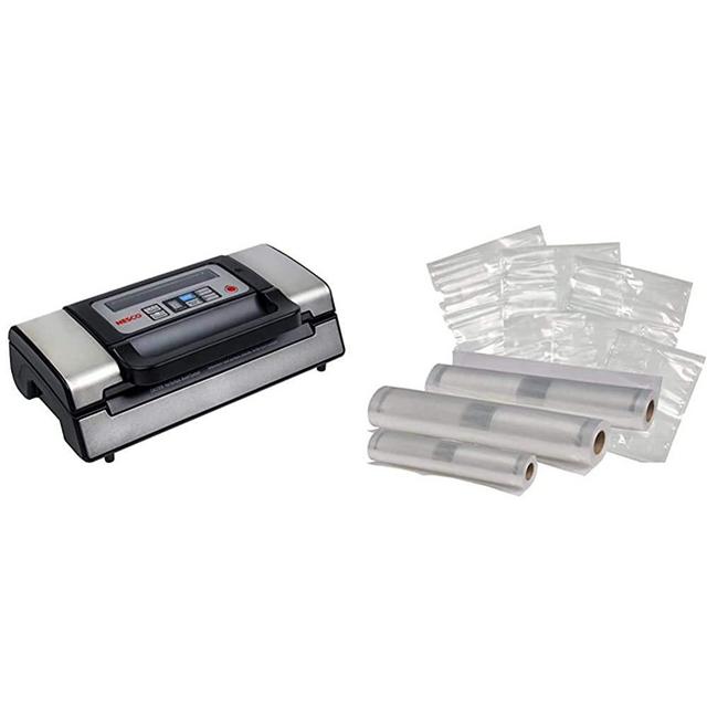 NESCO VS-12, Deluxe Vacuum Sealer with Bag Starter Kit and Viewing Lid, Compact Design, Silver & VS-07V, Vacuum Sealer Bags, Variety Pack, Clear