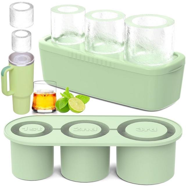 Ice Cube Tray for 30Oz-40Oz Tumbler, 3 Pcs Silicone Hollow Cylinder Ice Mold with Lid and Bin for Freezer, Ice Drink, Juice, Whiskey, Cocktail, Compatible with 40Oz Tumbler (Green)