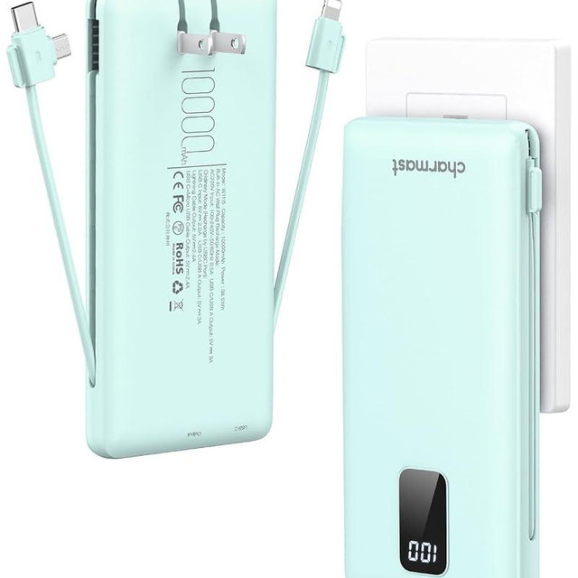 charmast Portable Charger with Built-in Cables and Plug, 10000mAh USB C Power Bank Fast Charging, External Battery Pack Slim, Travel Essentials Compatible with iPhones, Samsung Galaxy, iPad