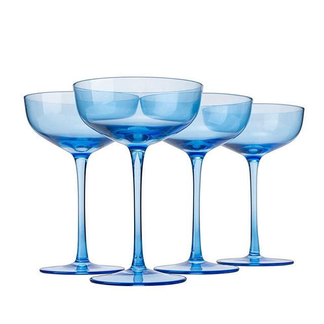 Colored Coupe Glass | 7oz | Set of 4 | by The Wine Savant - Colorful Champagne & Cocktail Glasses, Fancy Manhattan, Crystal Martini, Cocktails Set, Margarita Bar Glassware Gift, Vintage (Blue)