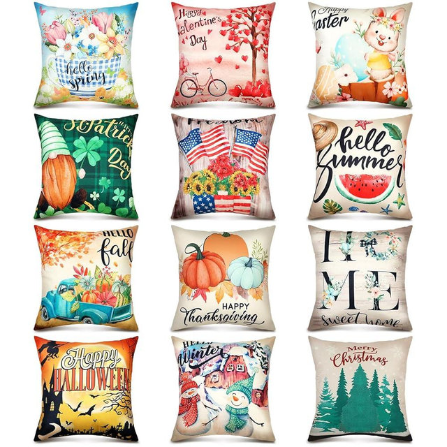 Newwiee 12 Pcs Summer Pillow Cover 18" x 18" Independence Day Pillow Cover Seasonal Retro Cushion Throw Pillow Cover for Porch Bench Couch Sofa Indoor Outdoor(Classic)
