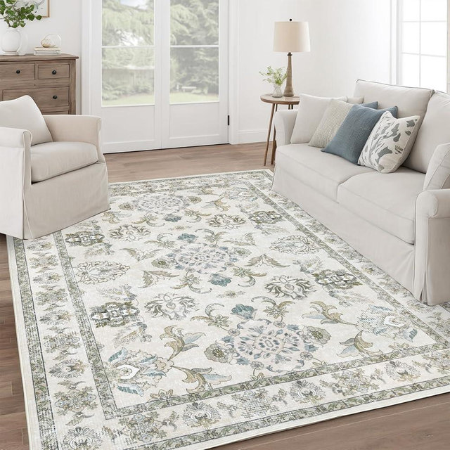 Dotiiorug 8x10 Washable Area Rugs Beige and Sage Green Vintage Boho Floral Farmhouse Rug for Living Room Bedroom, Non Slip Low Pile Carpet