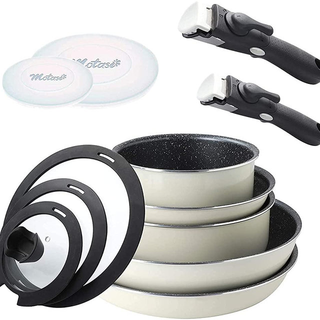 Motase 12 Pieces Kitchen Non-Stick Cookware Sets with Removable Handle, Stackable Pots and Pans Set Nonstick for Induction Gas RVs Camping Space Saving, White