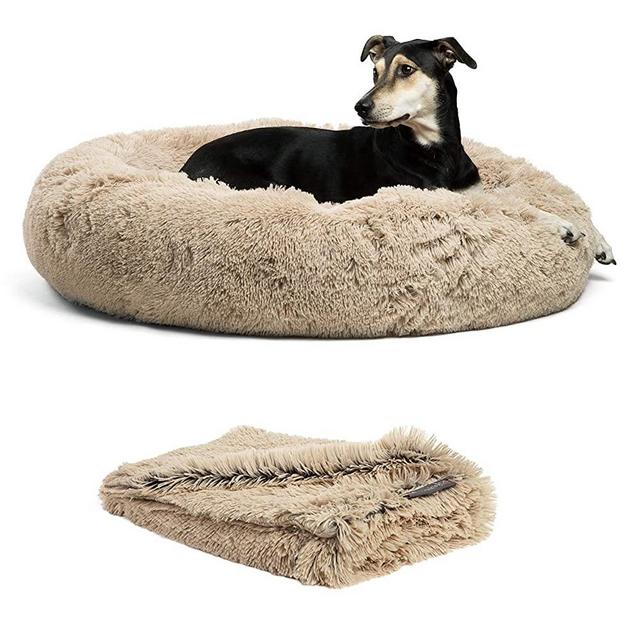 Best Friends by Sheri Bundle Savings - The Original Calming Shag Donut Cuddler Dog Bed in Small 23"" x 23"" and Pet Throw Blanket in 30"" x 40"", Taupe