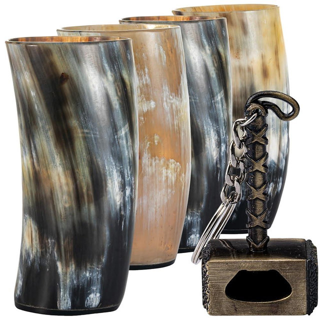 FENRIR Viking Drinking Horn Mugs Set of 4 | Viking Gifts for Men & Women | Bottle Opener | Norse Viking Horn Cup Perfect For Beer, Ale, Mead, Whiskey | 100% Handmade, Ox Horn Cup | 12-13 Oz