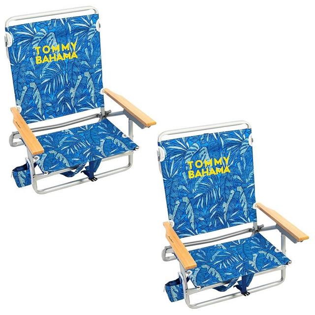 Tommy Bahama 2-Pack 5-Position Classic Lay Flat Backpack Beach Chair with Cooler and Cup Holder, Portable Folding Beach Chair for Tanning, Blue Tropical Leaves